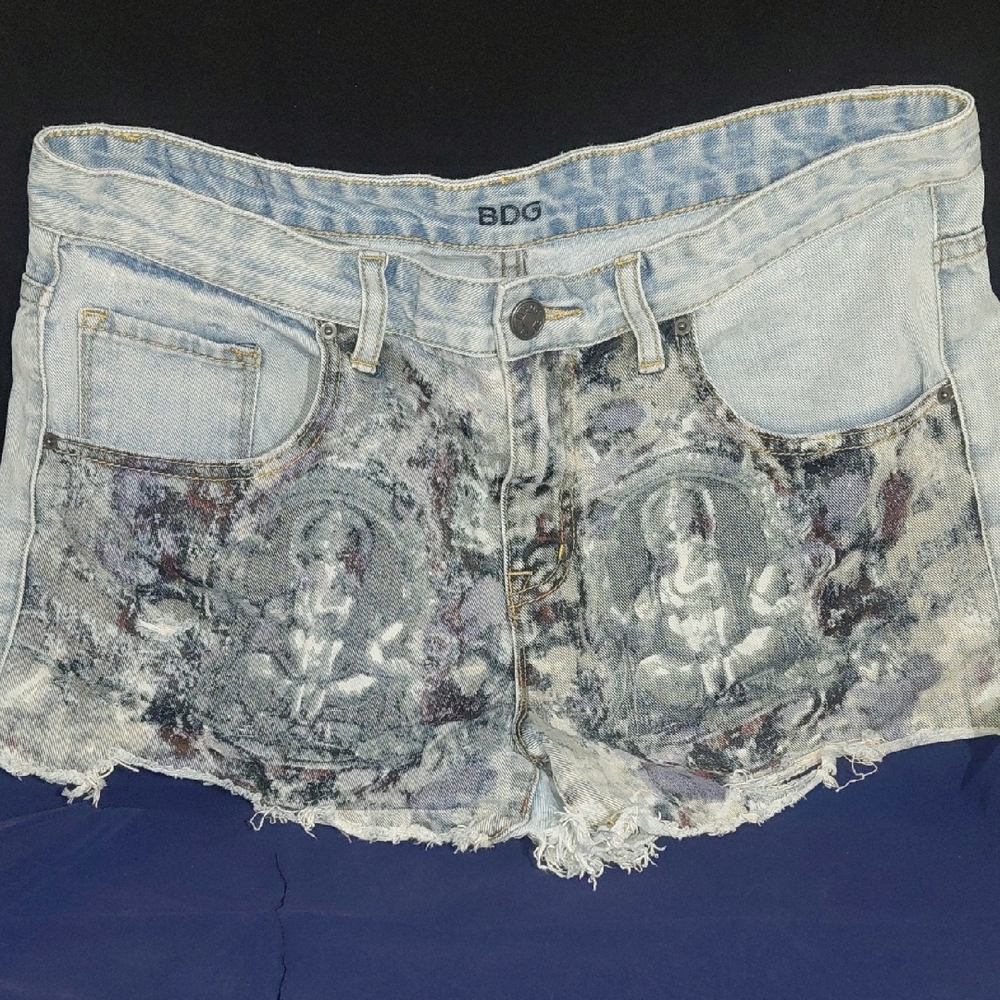 BDG Light Blue Distressed Denim Shorts with Graphic Front